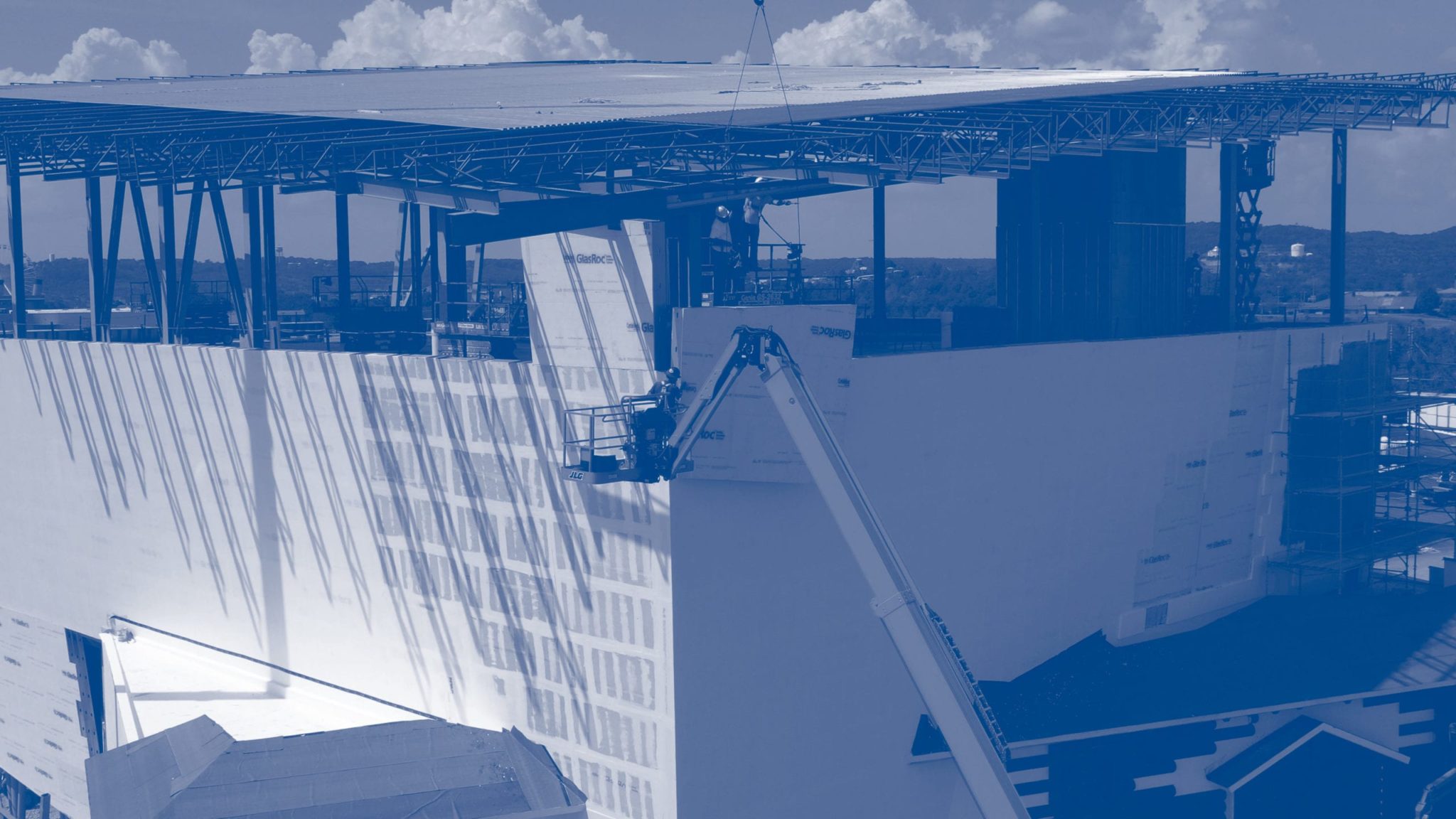 Metal panelization of Wonderworks building with blue duotone