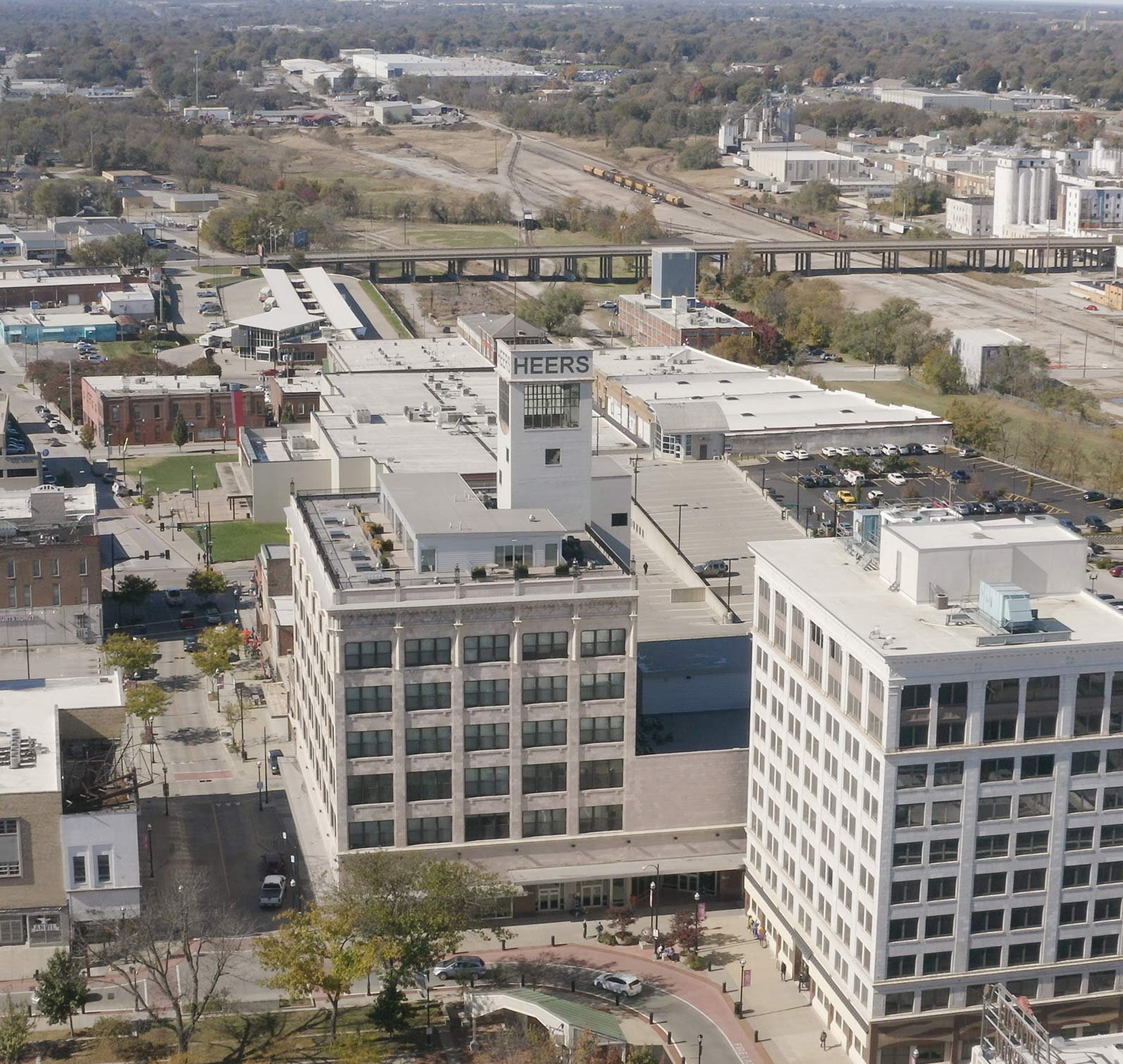Aerial view of the Heers Luxury Living apartments on the Springfield Downtown Square