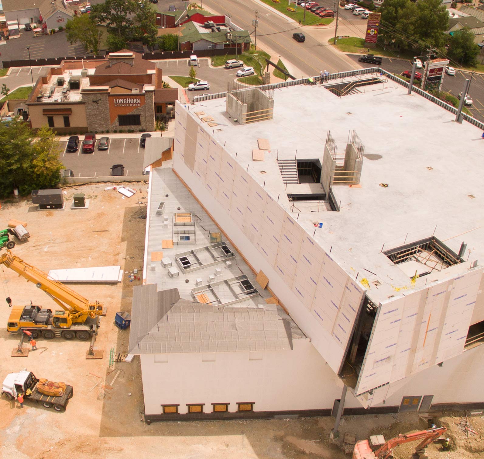 Aerial view of prefabricated metal panel placement at Wonderworks Branson MO location